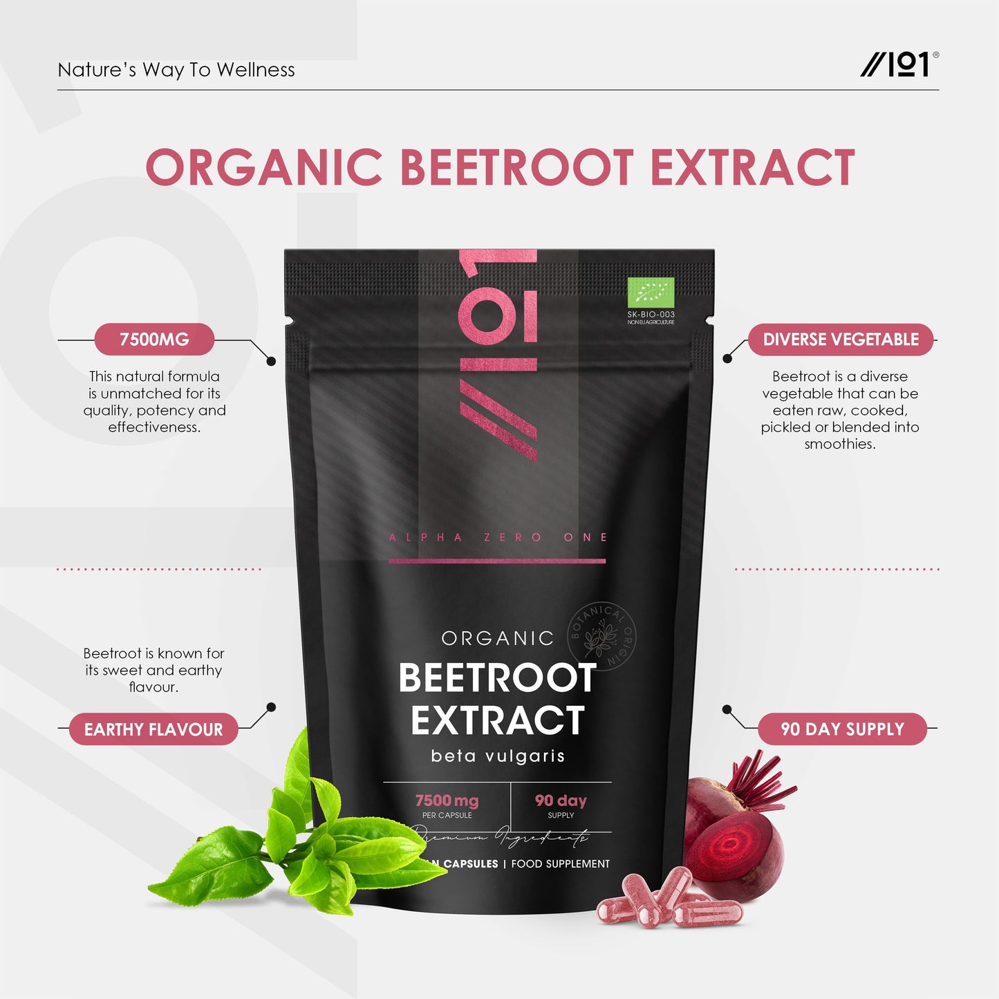 ALPHA01 Organic Beetroot Extract Capsules 7500mg - High Strength Beetroot Supplement - 90 Vegan Capsules (3 Months Supply) Resealable and Recyclable Pouch by Alpha01
