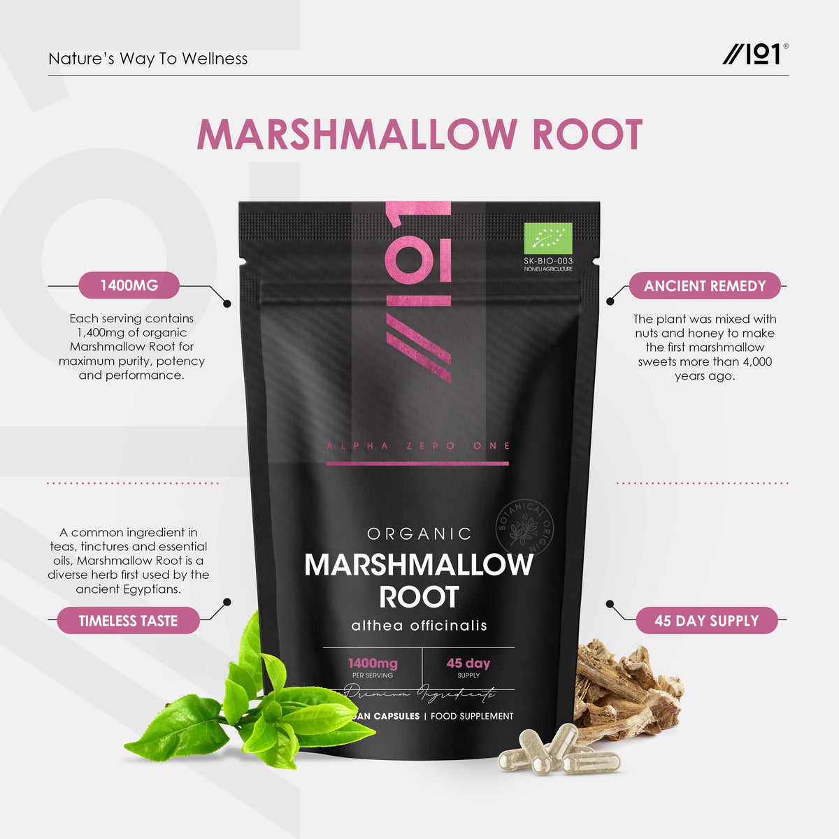 ALPHA01 Organic Marshmallow Root 1400mg - 90 Vegan Capsules - Potent Althea Officinalis Supplement - 45 Day Supply - Resealable and Recyclable Pouch - By Alpha01
