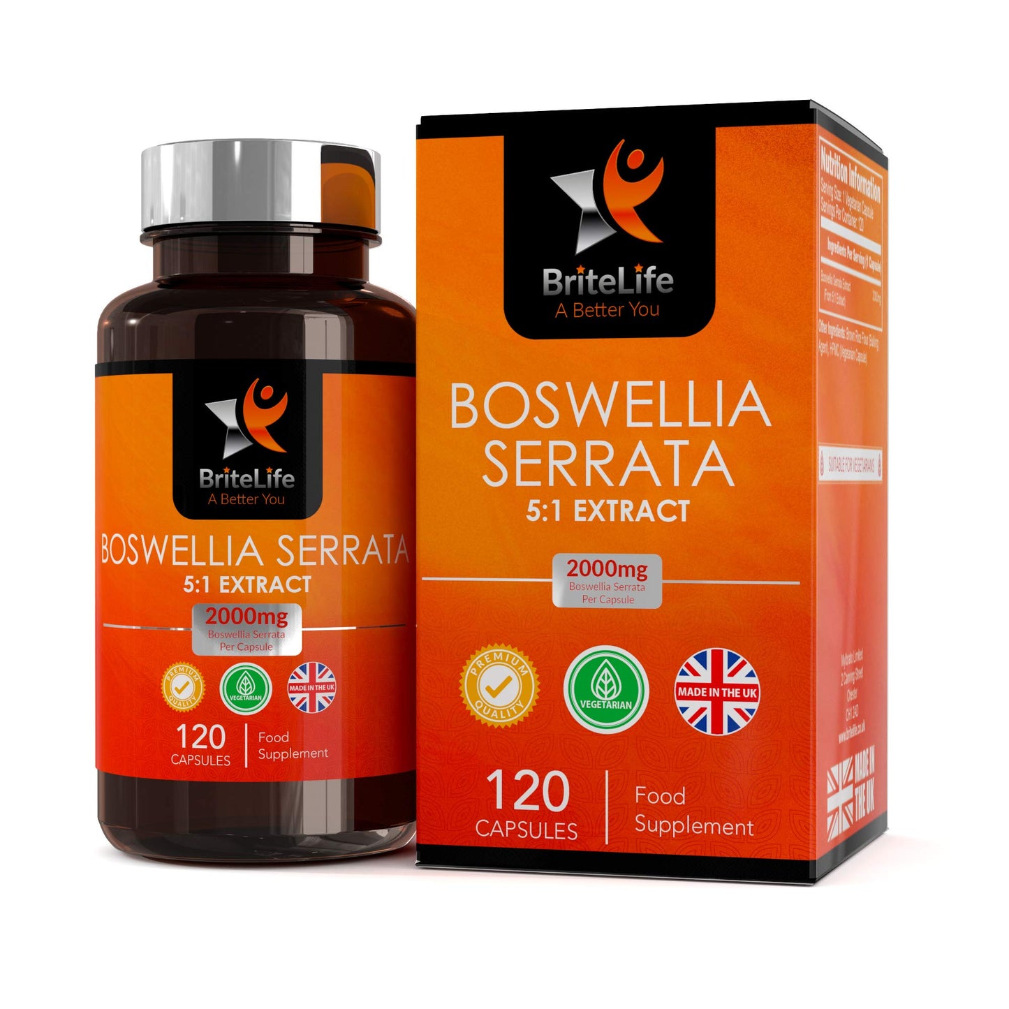 BriteLife BL Boswellia Serrata Capsules | 120 High Strength Boswellia Extract 5:1 Capsules - 2000mg Boswelia Per Serving | Non-GMO, Gluten & Allergen Free | Manufactured in The UK