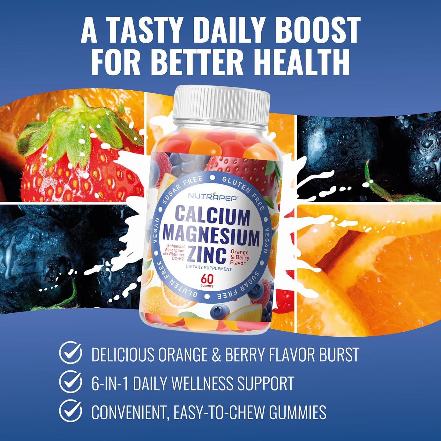 Calcium Magnesium Zinc Supplement Gummies - with Vitamin D3 K2 Magnesium Glycinate - Orange Berry Flavored Vegan Sugar-Free Gluten Free Chewable for Men Women Kids