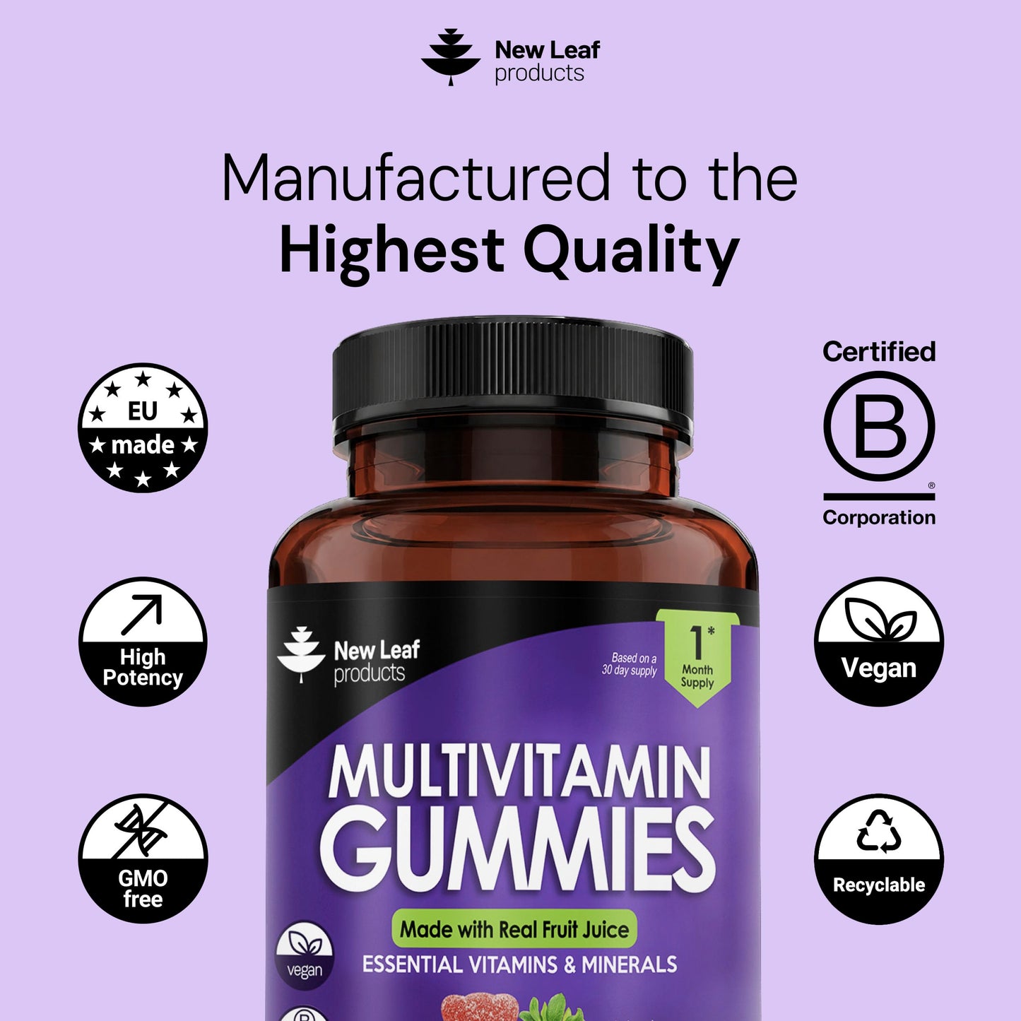 NEW LEAF PRODUCTS Multivitamin Gummies for Adults - High Potency Vitamin Gummy with Essential Vitamins C A D E B12 B6 & Biotin - Daily Multivitamins for Women and Men - 60 Gummies(1 Month Supply)