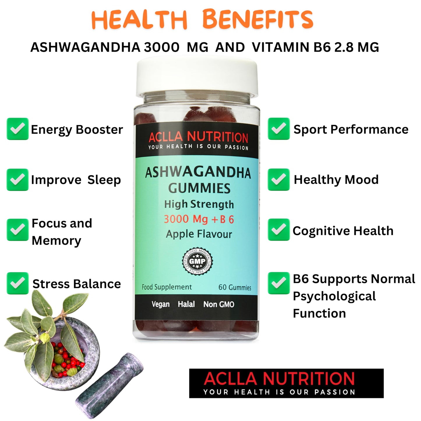 Ashwagandha Gummies 3000Mg & B6 2.8MG High-Strength Botanical Extract I Natural Apple Flavor I Stress Reduction, Supporting Psychological Function&Sleep.One-Month Supply by Aclla Nutrition.
