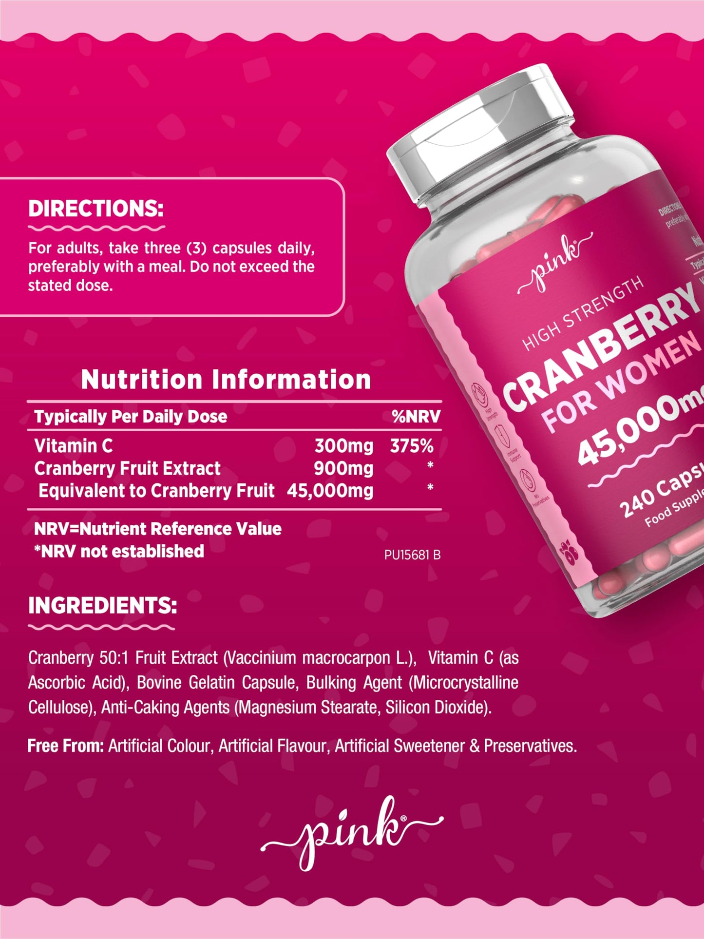 Cranberry Capsules 45000mg for Urinary Infections | 240 High Strength Capsules | with Vitamin C | by Pink