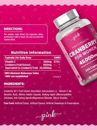 Cranberry Capsules 45000mg for Urinary Infections | 240 High Strength Capsules | with Vitamin C | by Pink