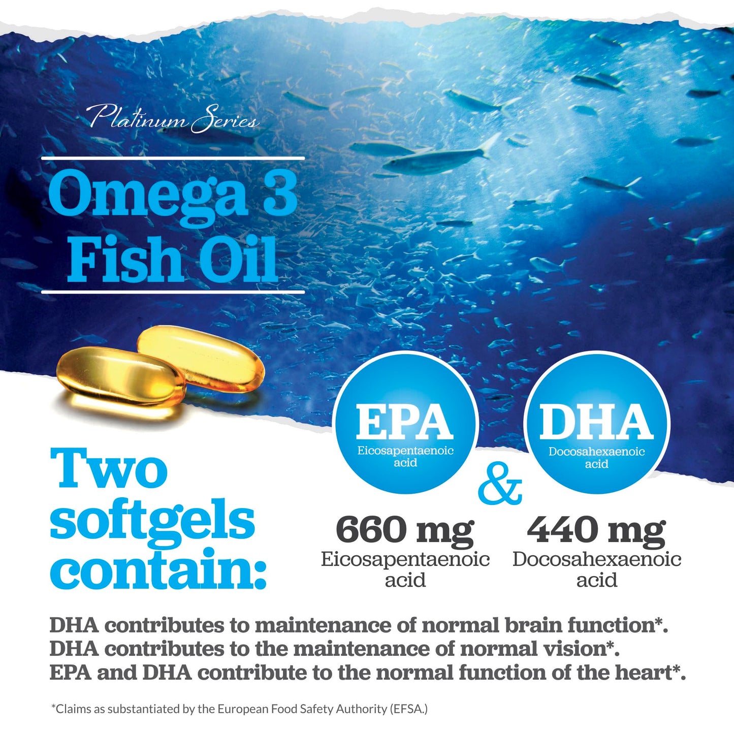 Omega 3 Fish Oil 1000mg - 180 Softgel Capsules - 3 Month Supply - Double Strength 660mg EPA & 440mg per Serving - with Added Vitamin E