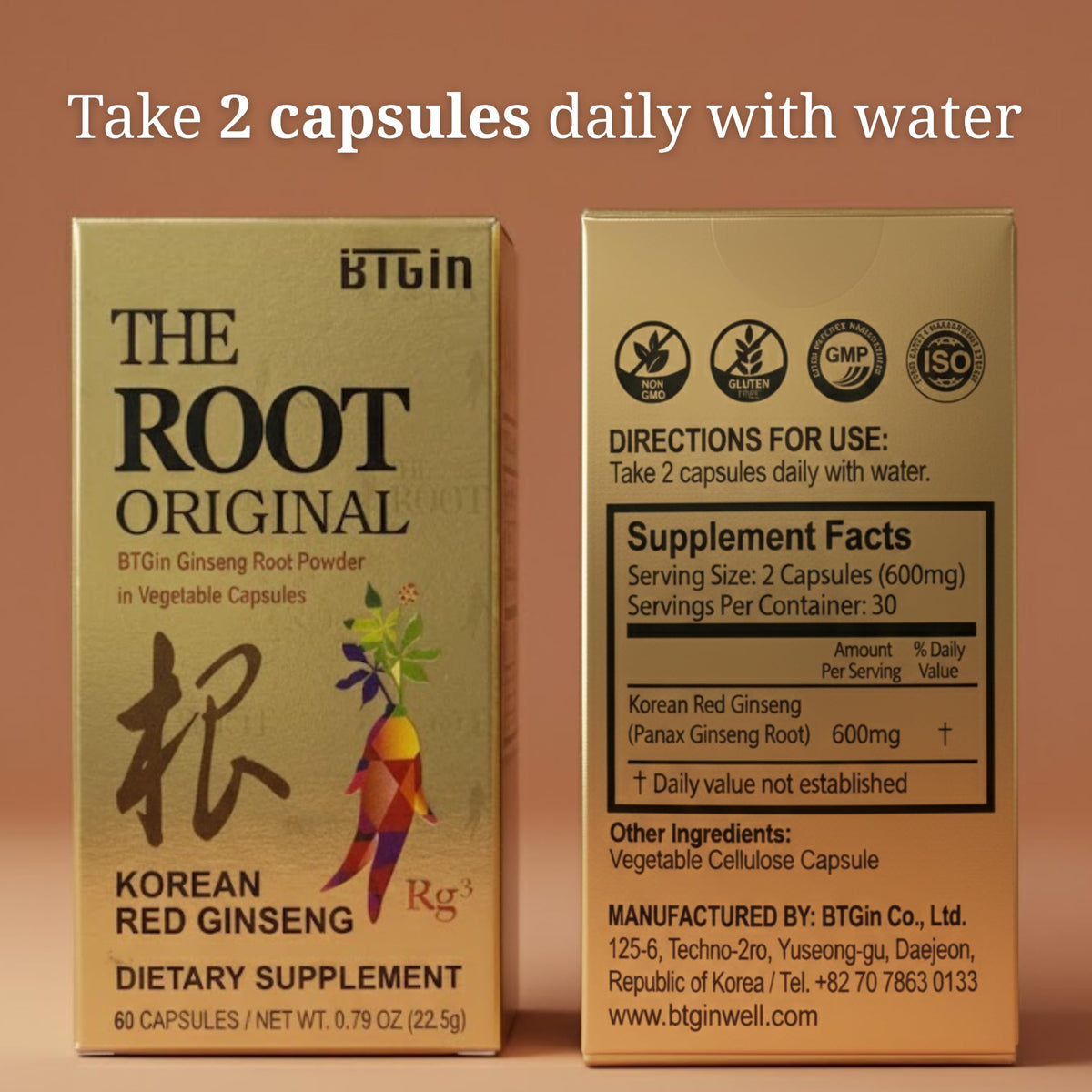 BTGIN The Root Original Korean Red Panax Ginseng Supplement - 100% Whole Fine Root Powder with Natural Fiber & Minerals - Caffeine Free Stamina, Wellness & Immunity Support - 60 Capsules