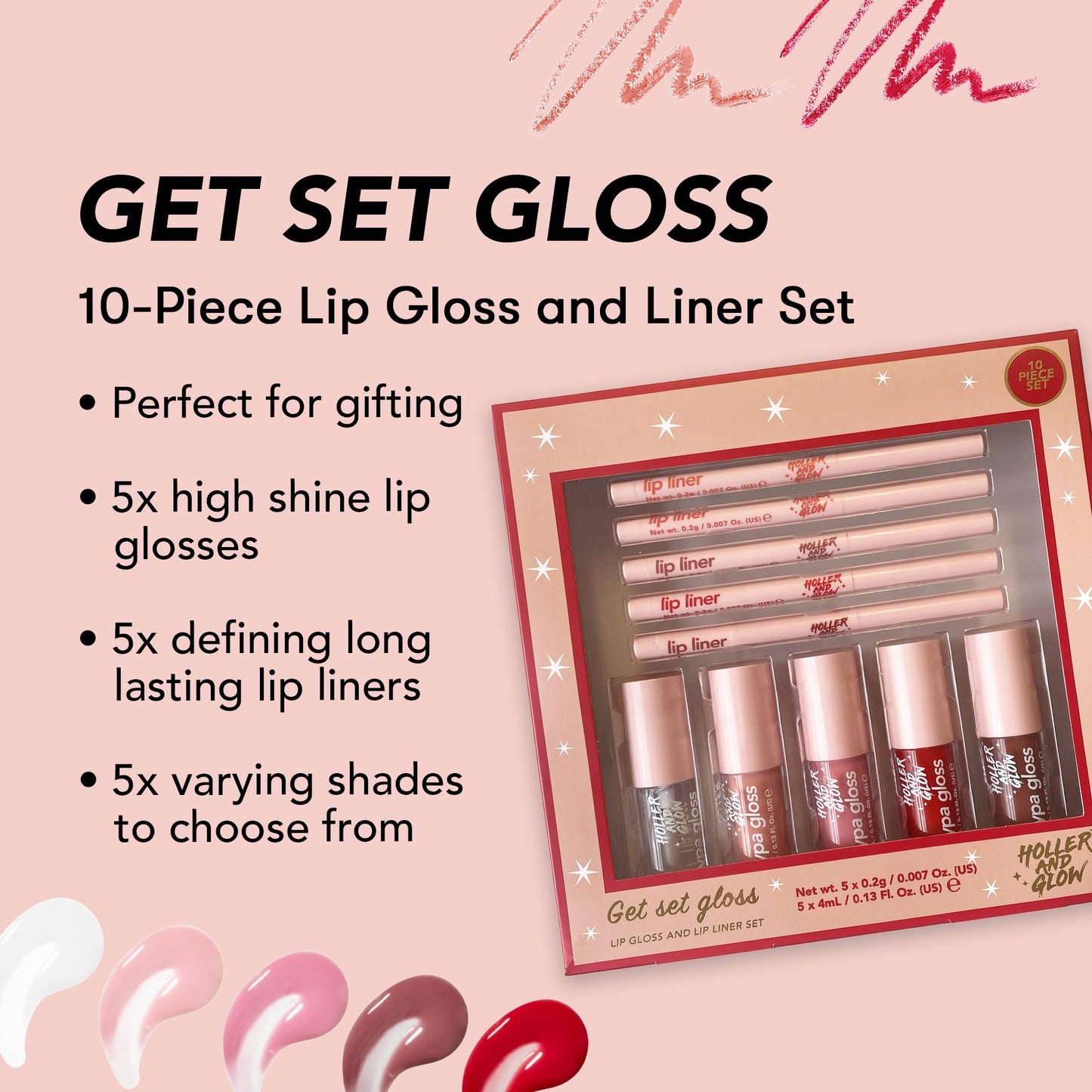 Holler and Glow Get Set Gloss Lip Liner and Lip Gloss 10-Piece Gift Set, Includes Lip Liners and Colour Matched Lip Glosses