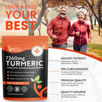 Multivita Turmeric Curcumin Tablets 7,260mg Per Serving - 95% Curcuminoids 2 Months Supply - with Ginger & Active Curcumin Including Black Pepper to Aid Absorption - High Strength Tumeric Supplement - Vegan UK