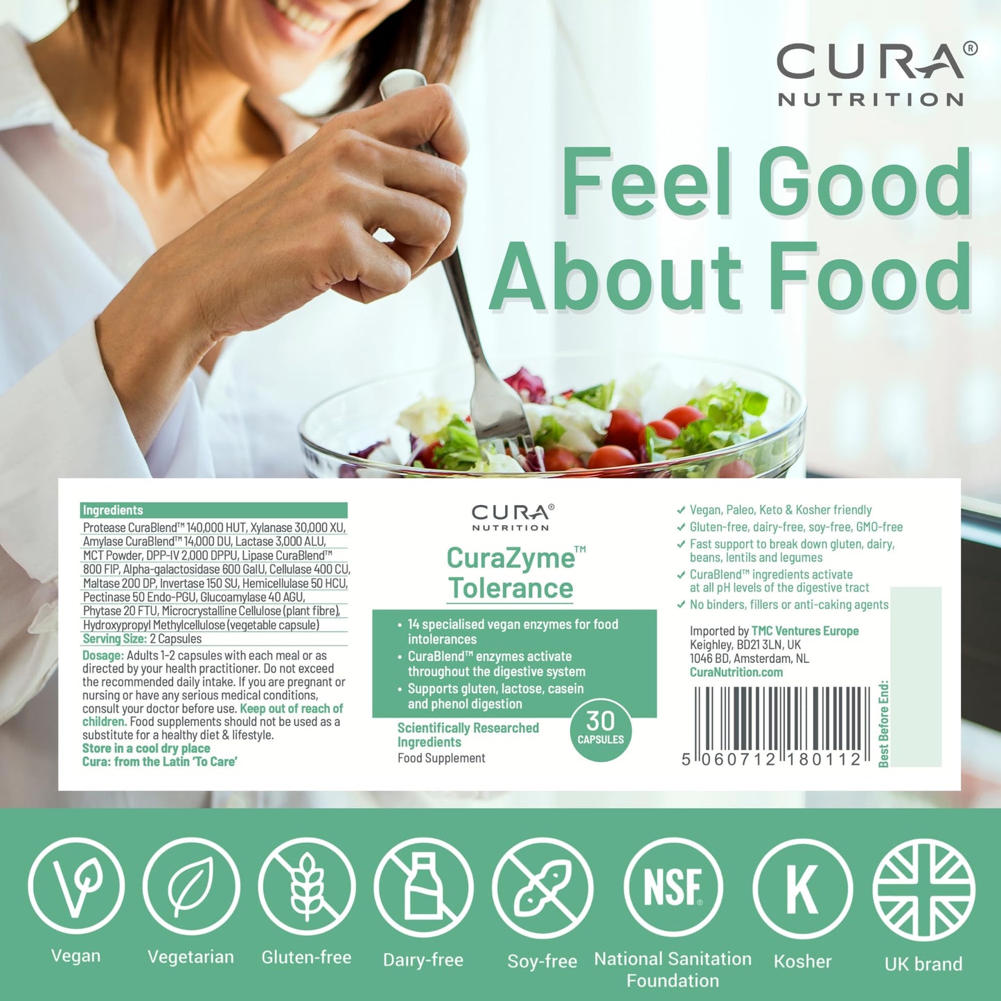 Cura Nutrition CURA NUTRITION CURAZYME Tolerance (30 Capsules) Food Intolerance Digestive Enzymes Supplement for Gut Health Support, Broad Spectrum Enzyme Complex for Bloating, Heartburn, Digestion Relief, Vegan