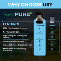 FoodPURA Coconut Activated Charcoal Capsules 1500mg x 180 100% Natural Vegan Digestive Supplement Reduces Bloating & Flatulence After Eating (180)