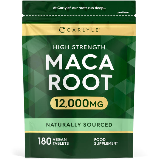 Maca Root Tablets 12,000mg | Naturally Sourced & High Strength Maca Root Extract | 180 Vegan Tablets | Supplement for Men & Women | by Carlyle
