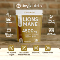 tinytablets.co Lions Mane 4500mg Supplement with Black Pepper Powder | 180 Tablets | Womens and Mens Supplements | UK-Made Lions Mane Supplement for Stress Relief | Science-Backed and Tested Lions Mane Capsules
