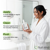 FLUSH KIND KIND TO YOUR SKIN, KIND TO YOUR PLANET Flush Kind® Toilet Wipe Gel Lotion, Eco-Friendly, Flushable Toilet Wipe Alternative, Moist Wipe, Cleansing, Vegan, Cruelty Free 100ml