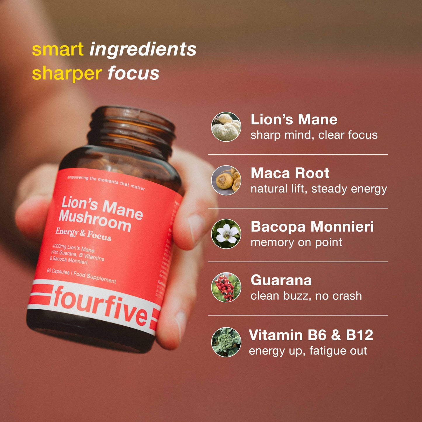 fourfive Lions Mane Mushroom Supplement (4000mg) Energy & Focus Blend, Support Brain Function, Focus & Energy - 60 Capsules