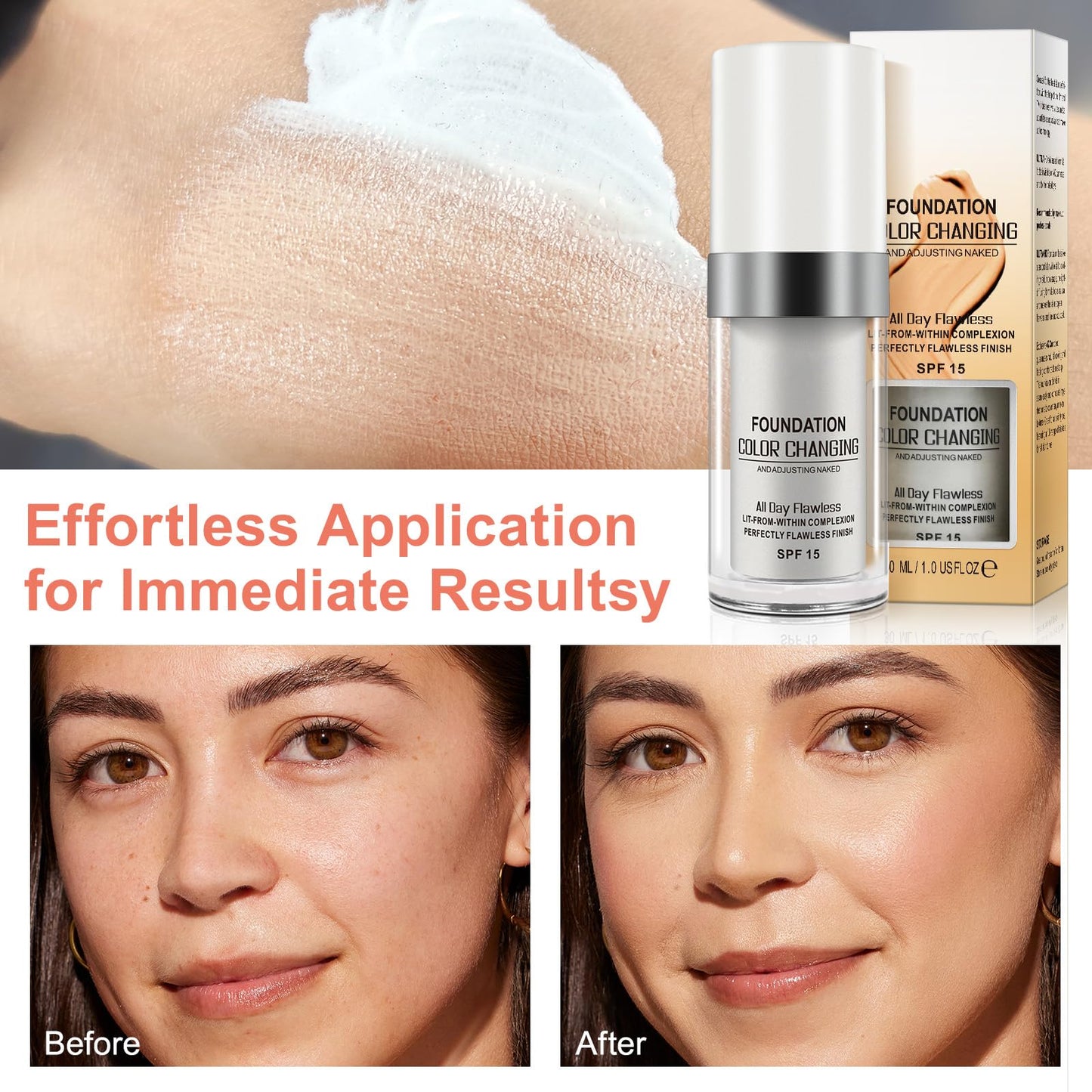 HEXIN TLM Color Changing Foundation, Colour Changing Foundation for Mature Skin, Long Lasting Waterproof Makeup Base Nude Face Cover Concealer Cream SPF (30 ml,2 Pack)