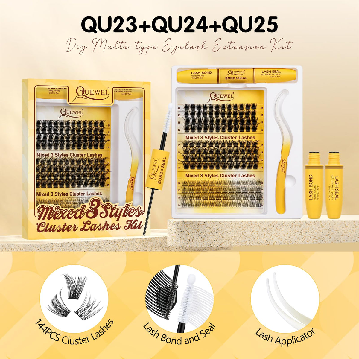 QUEWEL Lash-Cluster Kit 144Pcs D Curl Mixed 3 Styles Eyelashes-Individual Natural Look, Super Thin Band Cluster Lashes Kit for Beginner Easy to Apply at Home（Collection-style B-kit）