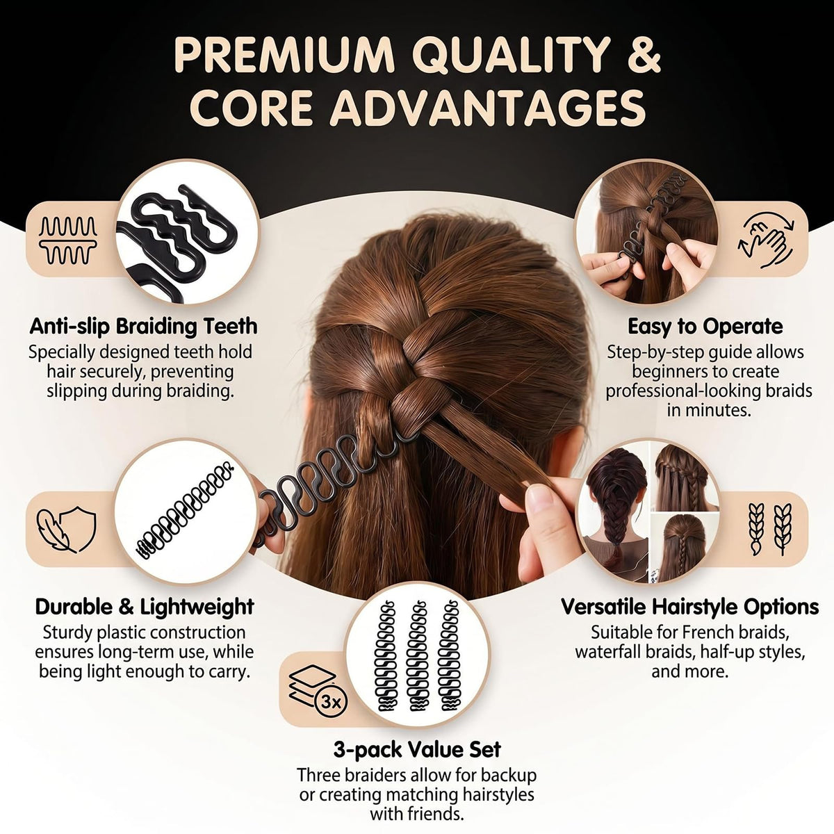 VASANA 3PCS Black Women Hair Braiding Tool Hair Styling Clip French Fishbone Braid Tool Hair Knitting Tool Hair Twist Styling Accessories