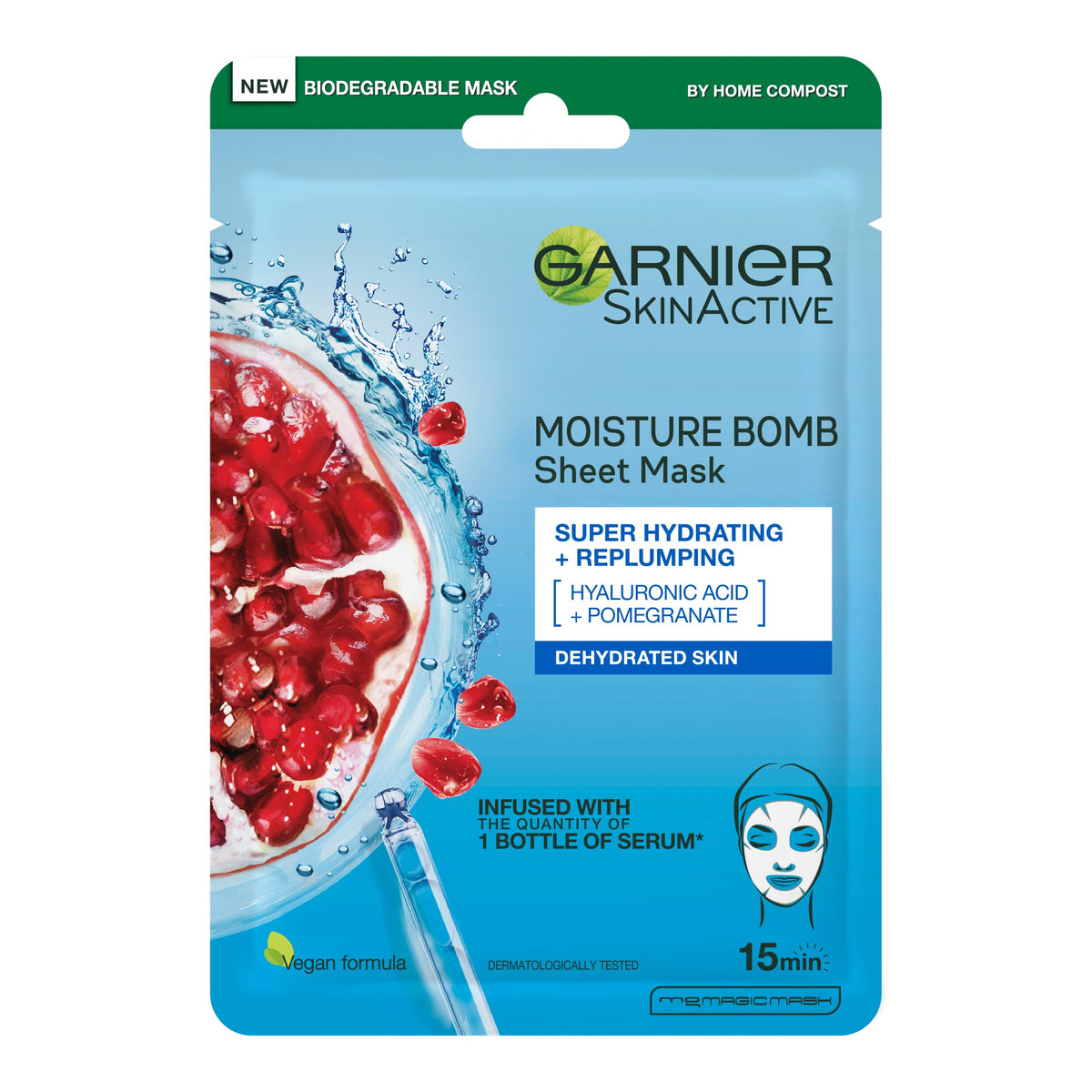 Garnier Moisture Bomb Pomegranate and Hyaluronic Acid Sheet Mask, Super Hydrating & Replumping Face Mask, For Dehydrated Skin, Vegan Tissue Mask, 28g