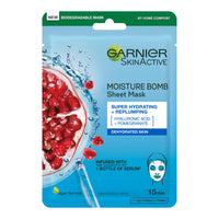 Garnier Moisture Bomb Pomegranate and Hyaluronic Acid Sheet Mask, Super Hydrating & Replumping Face Mask, For Dehydrated Skin, Vegan Tissue Mask, 28g