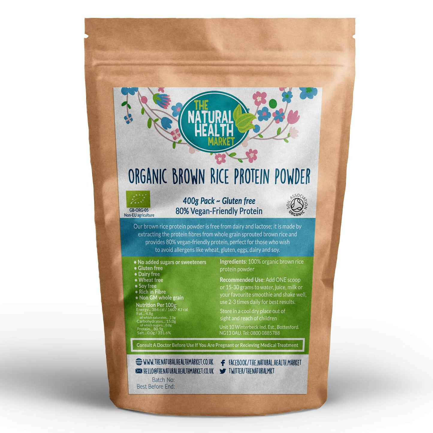 Organic Brown Rice Protein Powder By The Natural Health Market Vegan Protein Source 80% Protein By Weight (400g)