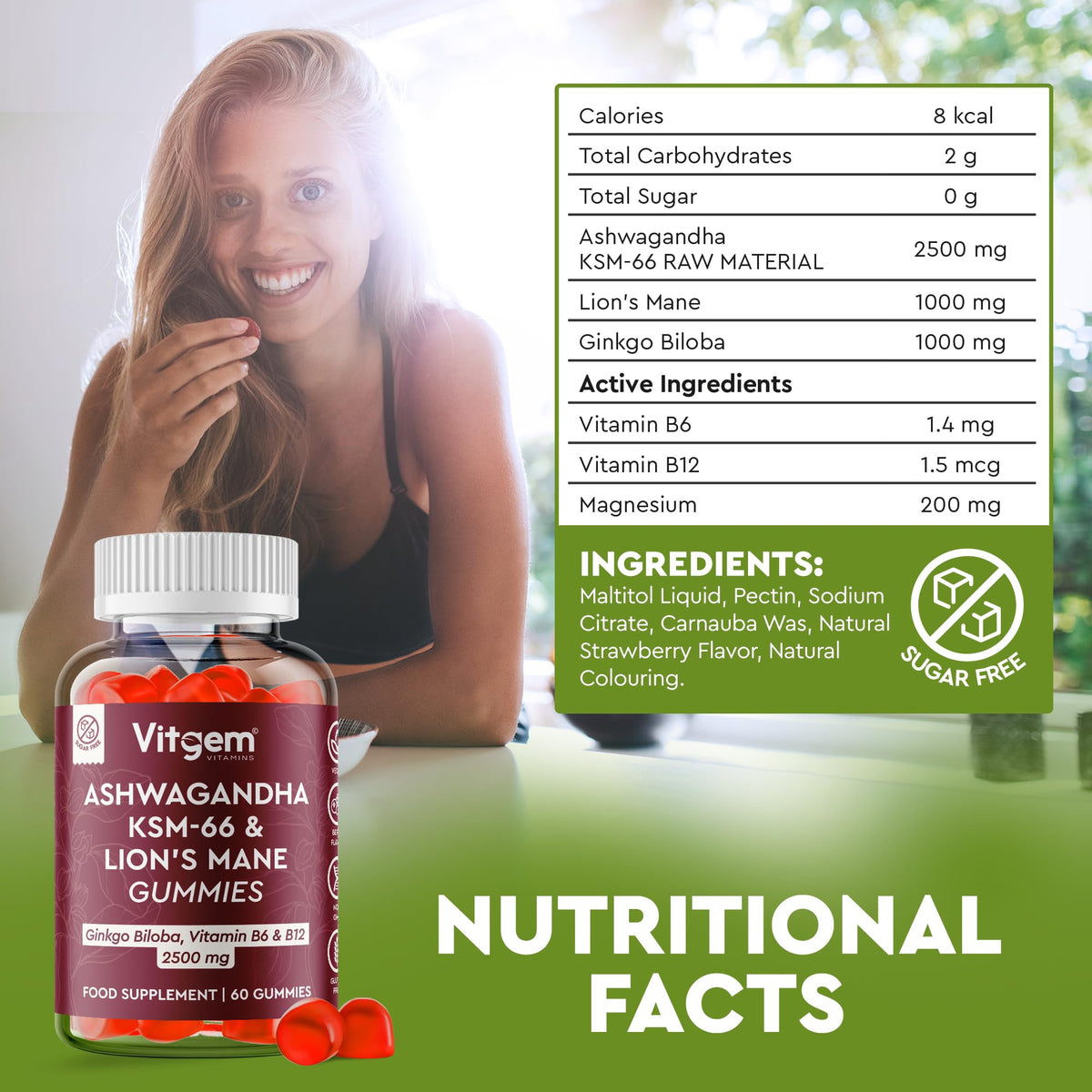Vitgem 60 Chews KSM-66 Ashwagandha and Lions Mane Gummies for Adults – Sugar-Free Natural Nootropic for Focus, Memory & Stress Relief – Vegan Berry Flavor – Cognitive & Cortisol Balance Supplement