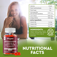 Vitgem 60 Chews KSM-66 Ashwagandha and Lions Mane Gummies for Adults – Sugar-Free Natural Nootropic for Focus, Memory & Stress Relief – Vegan Berry Flavor – Cognitive & Cortisol Balance Supplement
