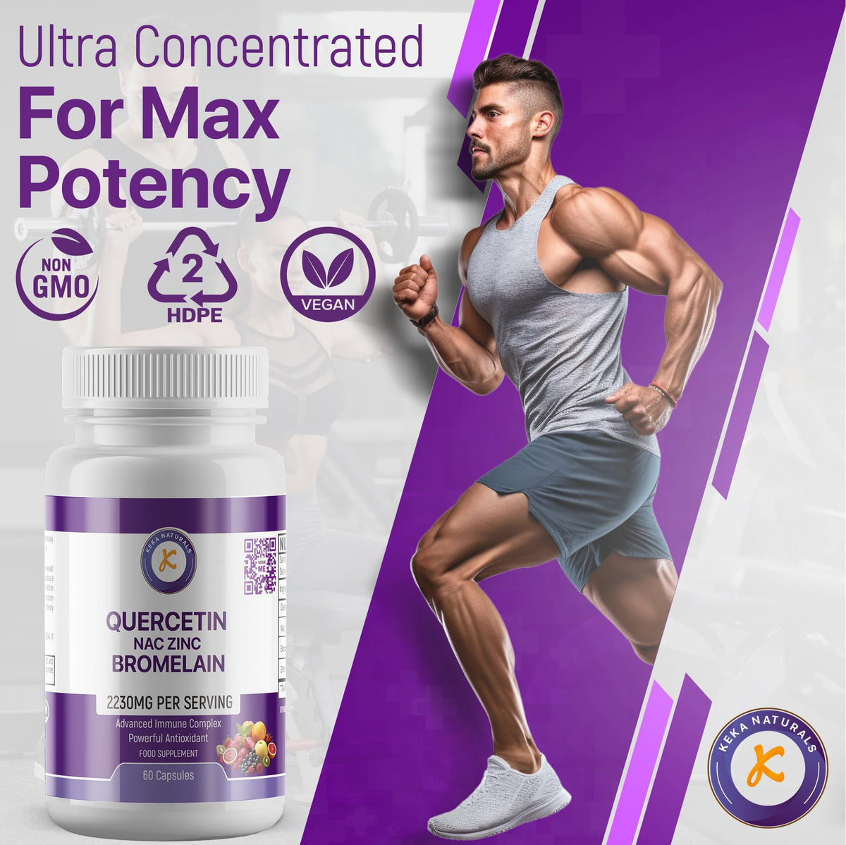 Keka Naturals Quercetin with Bromelain, NAC and Zinc - Powerful Quercetin Blend - 2230mg per Serving - Immune & Respiratory Support - Non-GMO, Gluten-Free, Vegan - 60 Veggie Caps, Anti-Aging