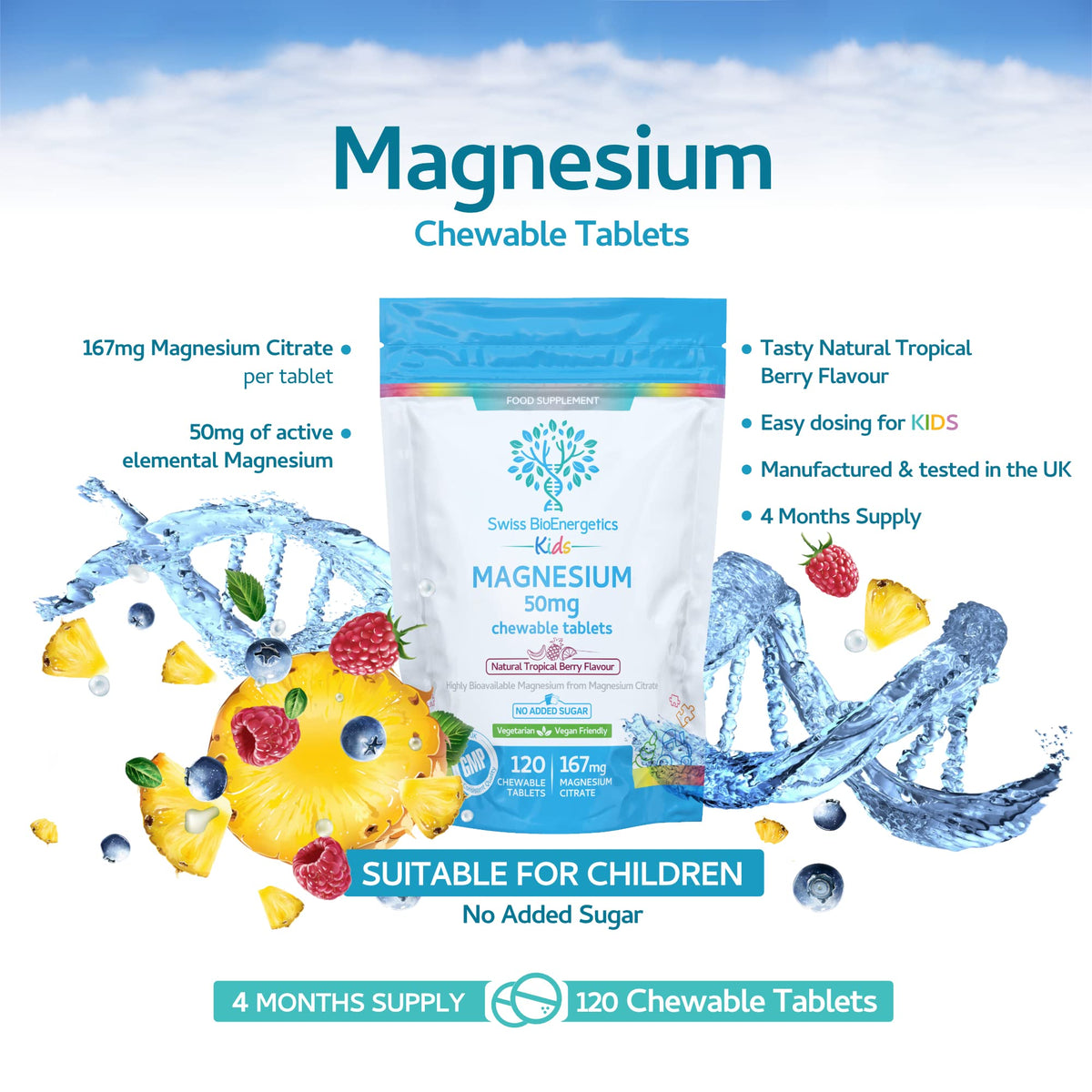 swiss bioenergetics Magnesium Chewable Tablets 50mg – Balanced Dosage for Children from 167mg of Magnesium Citrate – Easily absorbable & Highly bioavailable - Tropical Berry Flavour with no Added Sugar - Vegan & UK Made