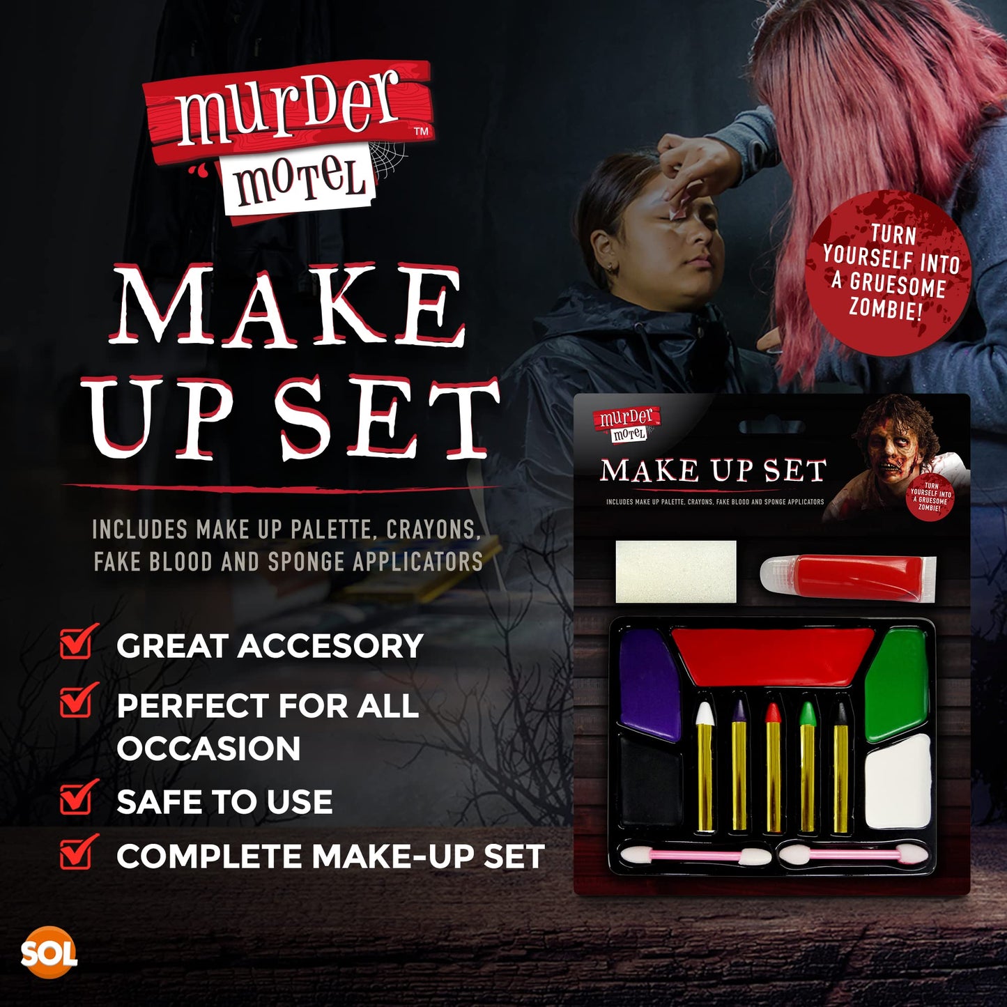 SOL Halloween Make Up Kids Set | Complete Make Up Set Fake Blood, Crayons, Halloween Face Paint & Applicators | Safe to Use for Kids Face Paint Kit | Halloween Makeup Kit | Vampire Makeup Kit Facepaint