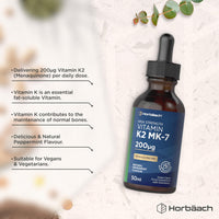 Horbäach Vitamin K2 MK7 Drops 200ug | 50 ml | High Strength Vitamin K2 as Menaquinone MK7 | Peppermint Flavour | Vegan Liquid Food Supplement | by Horbaach