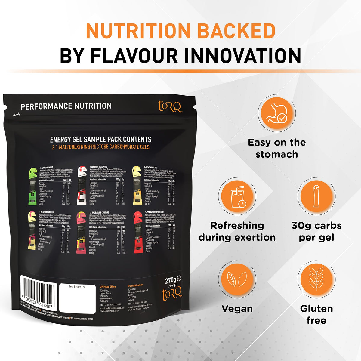 TORQ Running Gels with Caffeine & Electrolytes - 2:1 Maltodextrin: Fructose for Endurance Sports & Optimal Performance | Energy Gels for Running, Cycling & Sport - 89mg Guarana | 6 Pack Sample Box
