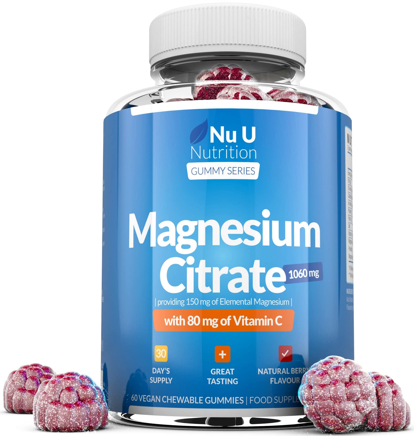 Nu U Nutrition Magnesium Gummies 1060mg for Adults and Kids (5+) - 60 Vegan Gummies - Berry Flavour - Providing 150mg of Elemental Magnesium & 80mg of Vitamin C - Magnesium Citrate Supplement