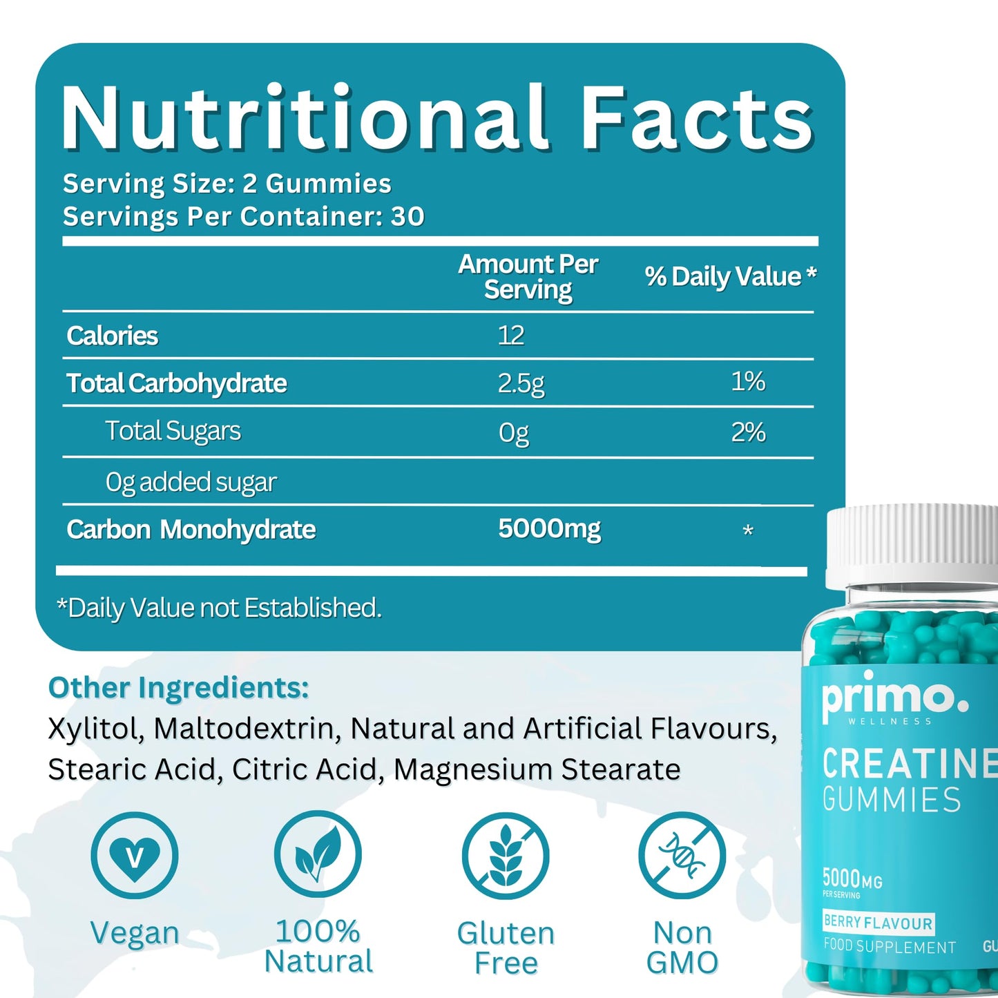 Primo Wellness Creatine Gummies 5000mg – 60 Count Berry Flavoured Energy Gummies Pump Pre Workout Creatine Powder Vitamin Gummies – Vegan Gluten Free Muscle Growth Supplements