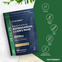 Horbäach Ashwagandha KSM-66 and Lion's Mane 2500mg Capsules | KSM-66 Ashwagandha Root Extract & Lion's Mane Mushroom Extract, Enhanced with Black Pepper | 120 Vegan Capsules | by Horbaach