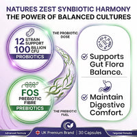 Natures Zest Bio Cultures Complex Probiotics & Prebiotics 100 Billion CFU for Gut Health - 30 Vegan Capsules Multi Strain Lactobacillus Plantarum, Acidophilus & Saccharomyces Boulardii for Men & Women, UK Made