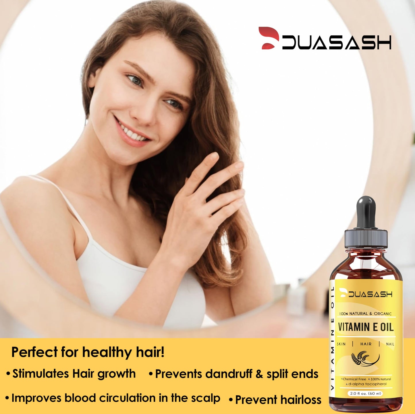 DUASASH Duasash Vitamin E Oil for Skin & Face Naturally Sourced Plant-Based Organic 100% Pure Vitamin E Oil for Hair Growth d-Alpha-tocopherol Body Oil for Women & Men, Moisturizes Skin, Hair, Nails 60ml