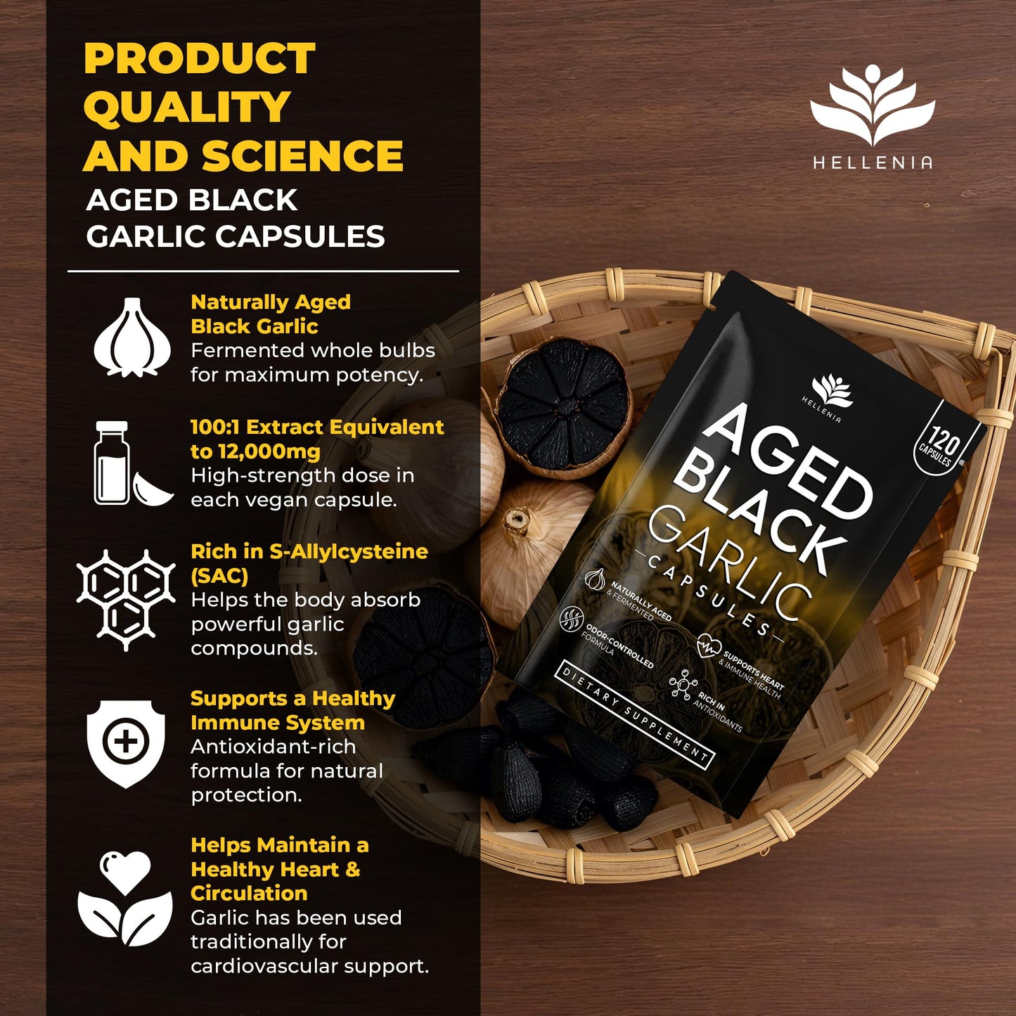 Aged Black Garlic 12,000mg - 120 Capsules | Black Garlic Bulb Extract 100:1 | Aged for Over 6 Months | Antioxidant and Cholesterol Support | Gluten Free - Made in the UK by Hellenia