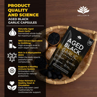 Aged Black Garlic 12,000mg - 120 Capsules | Black Garlic Bulb Extract 100:1 | Aged for Over 6 Months | Antioxidant and Cholesterol Support | Gluten Free - Made in the UK by Hellenia