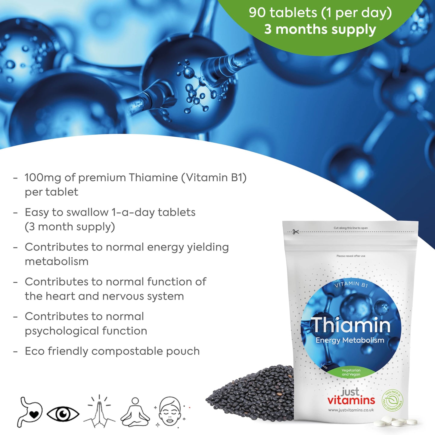 Just Vitamins Vitamin B1 Thiamine 100mg x90 Premium High Strength B1 Micro Tablets (3-Month Supply) - Vegan & Vegetarian Friendly - Supports Energy Metabolism & Heart Function for Men & Women. UK Made