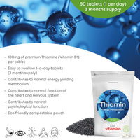 Just Vitamins Vitamin B1 Thiamine 100mg x90 Premium High Strength B1 Micro Tablets (3-Month Supply) - Vegan & Vegetarian Friendly - Supports Energy Metabolism & Heart Function for Men & Women. UK Made