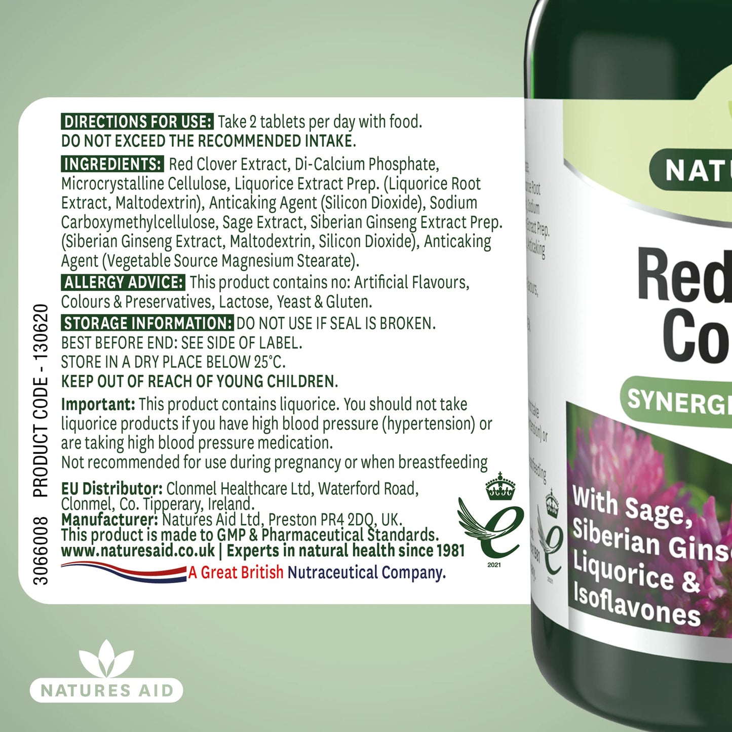 Natures Aid Red Clover Complex – with Isoflavones, Sage, Ginseng & Liquorice – Supports Women’s Health, Hormonal Balance & Menstrual Comfort – Vegan, Gluten-Free, Non-GMO Supplement - 60 Tablets