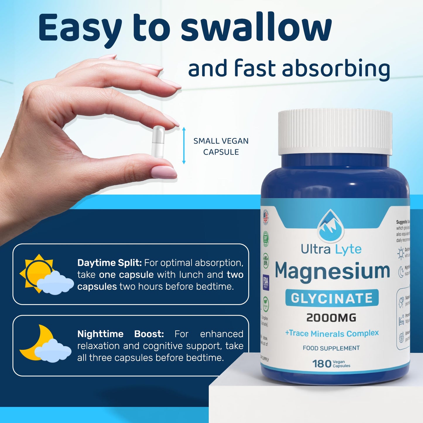 Ultra Lyte Magnesium Glycinate with Trace Minerals – High Absorption Magnesium Supplements for Sleep Aid, Stress Relief & Muscle Support – Vegan & Gluten-Free – 2000mg Magnesium – 180 Count