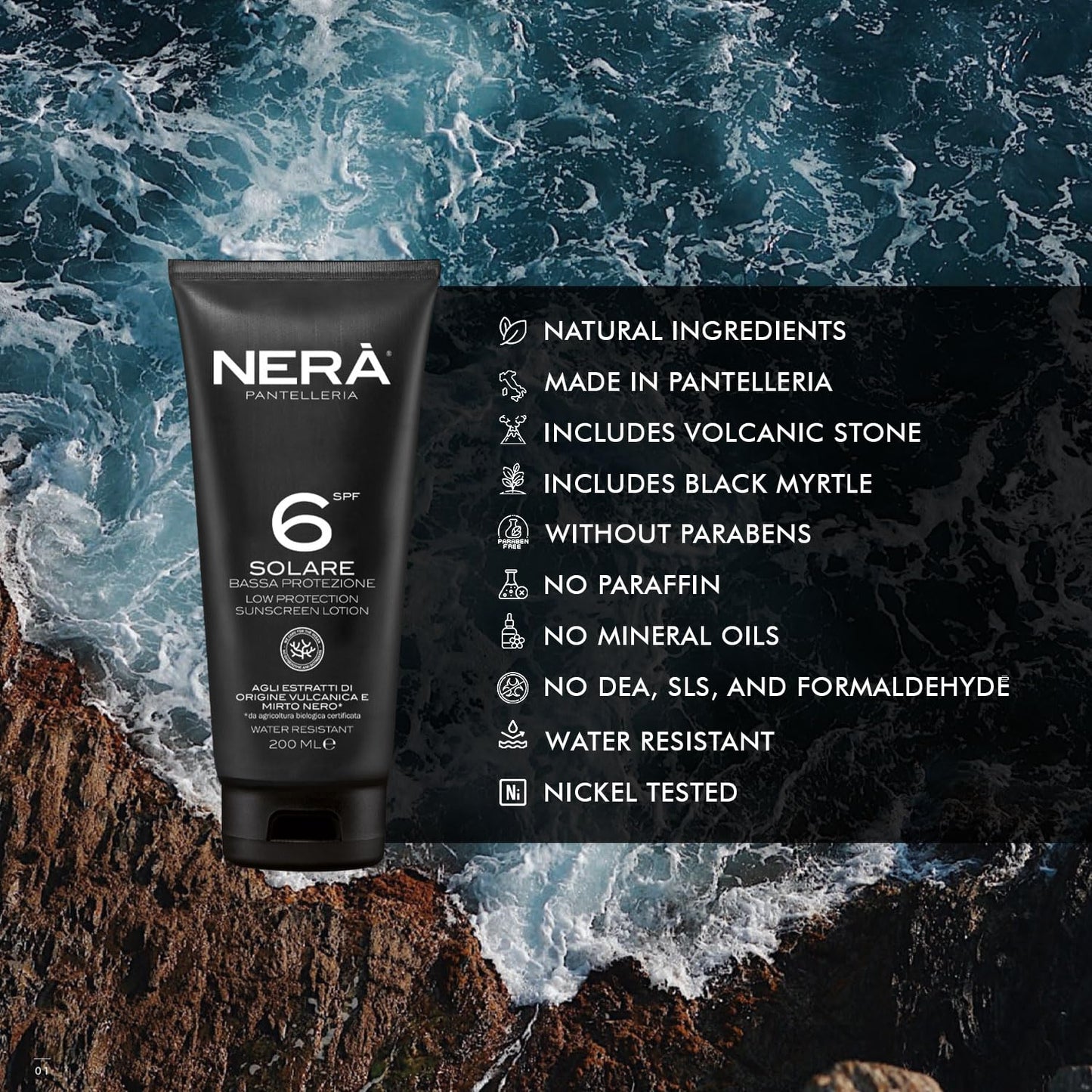 Nerà Pantelleria NERA Pantelleria SPF 6 Water Resistant Sunscreen Lotion: Low Protection 200ML Lotion with UVA & UVB Filters for Dehydration and Aging Prevention, Men and Women