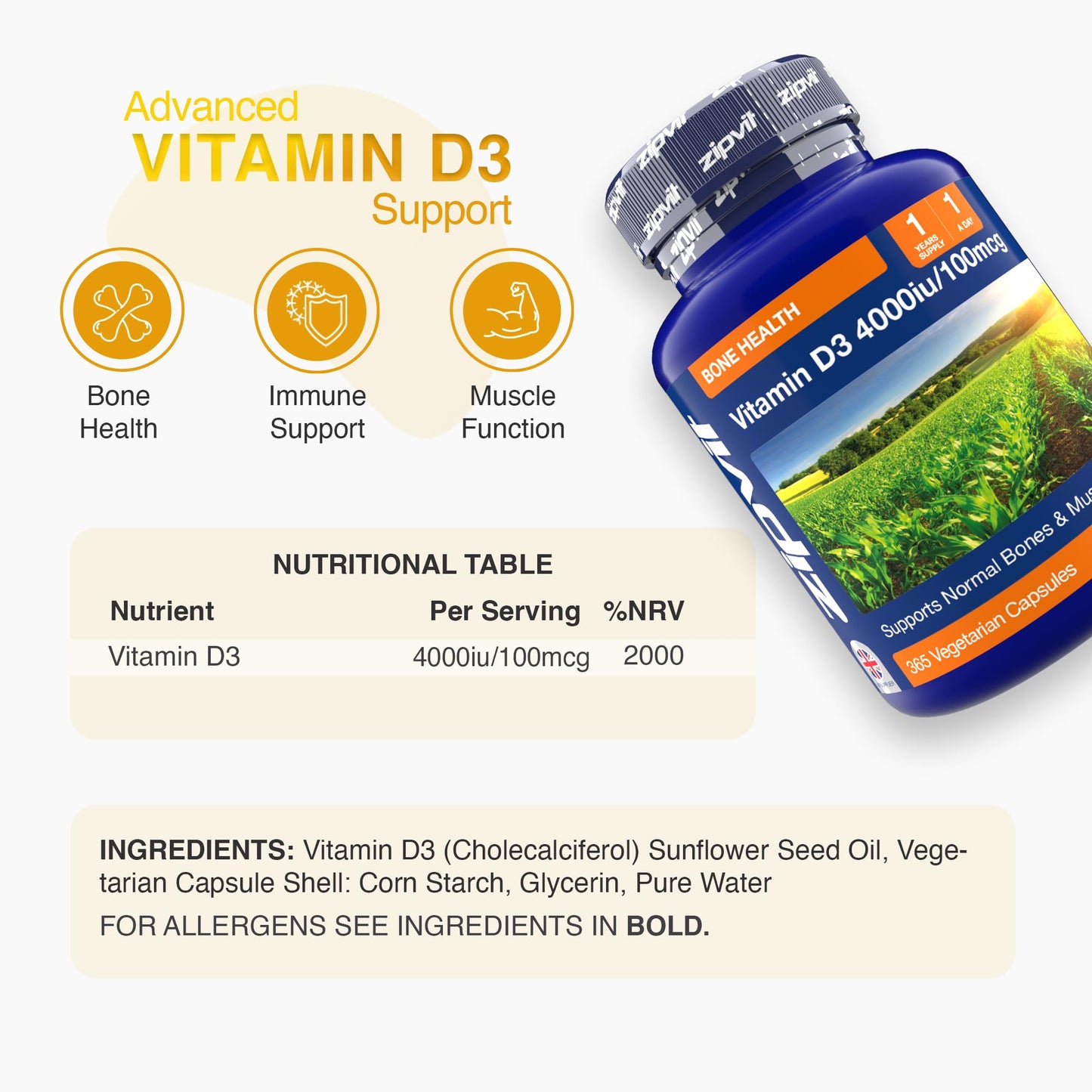 Zipvit Vitamin D3 4000IU Softgels, High Strength Vitamin D Supplement, Immune Support, 12 Months Supply, 360 Vegetarian Easy to Swallow Softgels