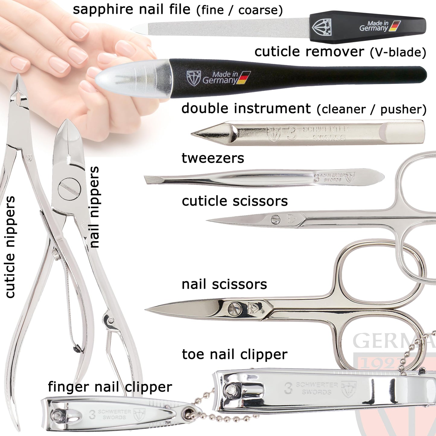 3 Swords Germany - brand quality 10 piece manicure pedicure grooming kit set for professional finger & toe nail care scissors clipper fashion leather case in gift box, Made by 3 Swords (000415)