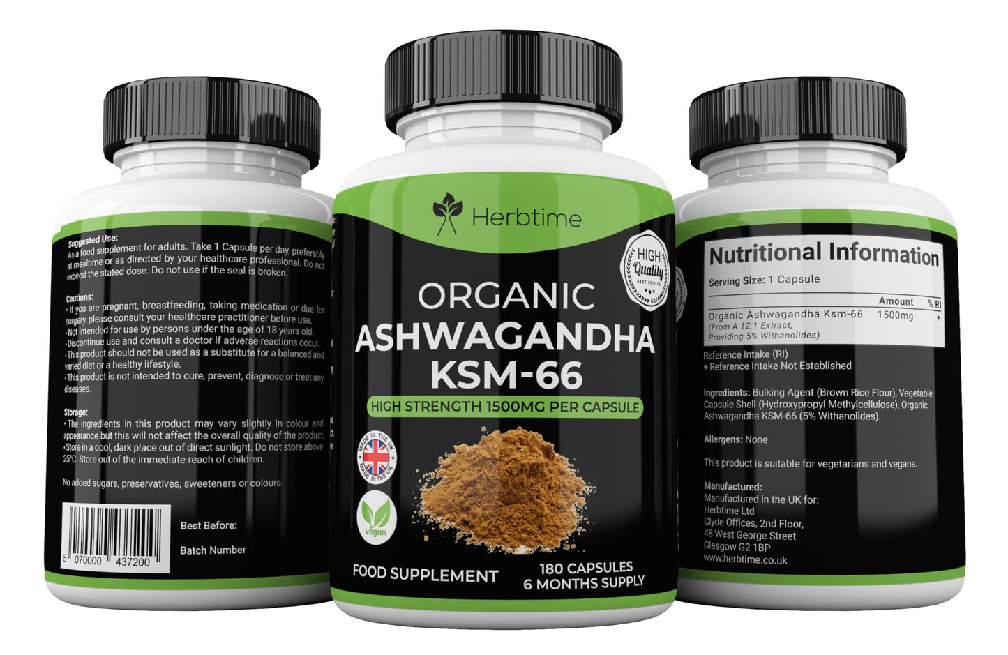 Herbtime Ashwagandha KSM 66, 180 Vegan Capsules 1500mg (6 Months Supply) High Strength Ashwagandha Extract 1500mg Per Capsule UK Made, Boosted with 5% Withanolides