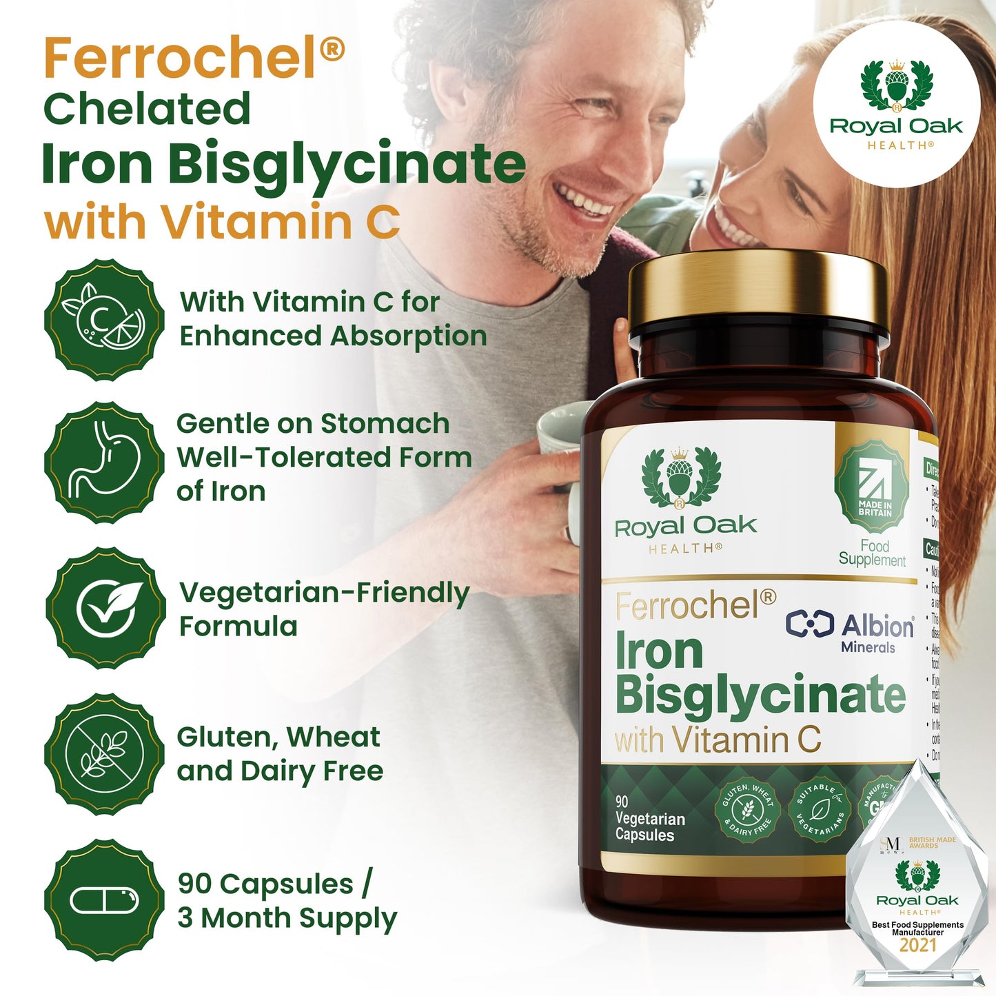 Royal Oak Health Ferrochel® Chelated Iron Bisglycinate with Vitamin C | 90 Capsules | 3 Month Supply | High Absorption, Enhanced Bioavailability Gentle on Stomach Iron | Made in Britain