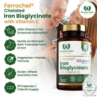 Royal Oak Health Ferrochel® Chelated Iron Bisglycinate with Vitamin C | 90 Capsules | 3 Month Supply | High Absorption, Enhanced Bioavailability Gentle on Stomach Iron | Made in Britain