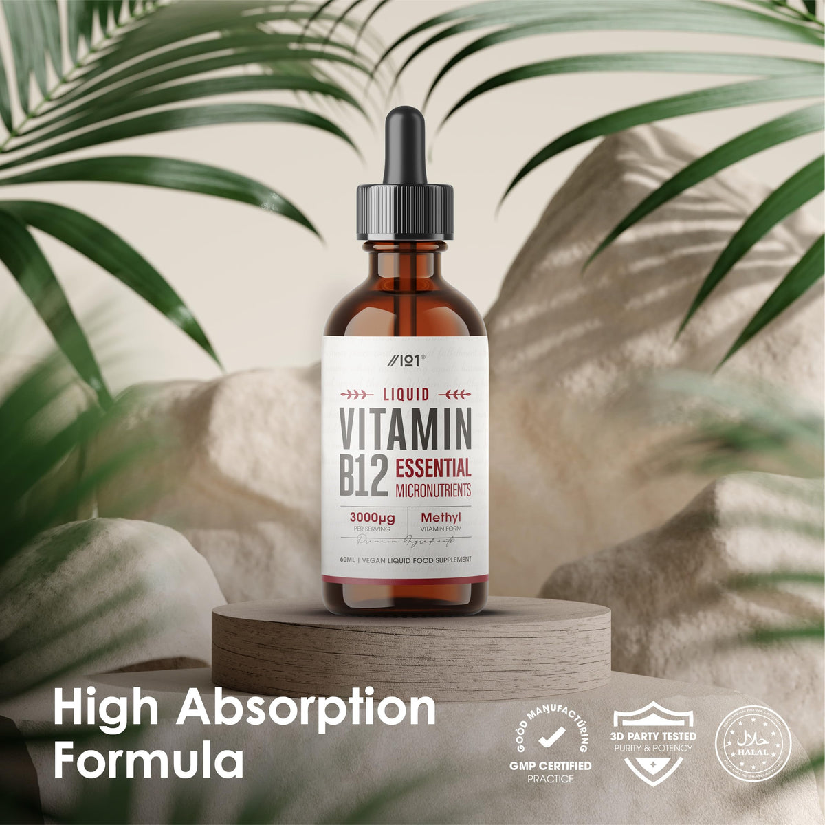 ALPHA01 Vitamin B12 Liquid Drops 3000mcg - 60ml (2 Months Supply) - High Strength Methylcobalamin Supplement - Vegan & Vegetarian Friendly - By Alpha01