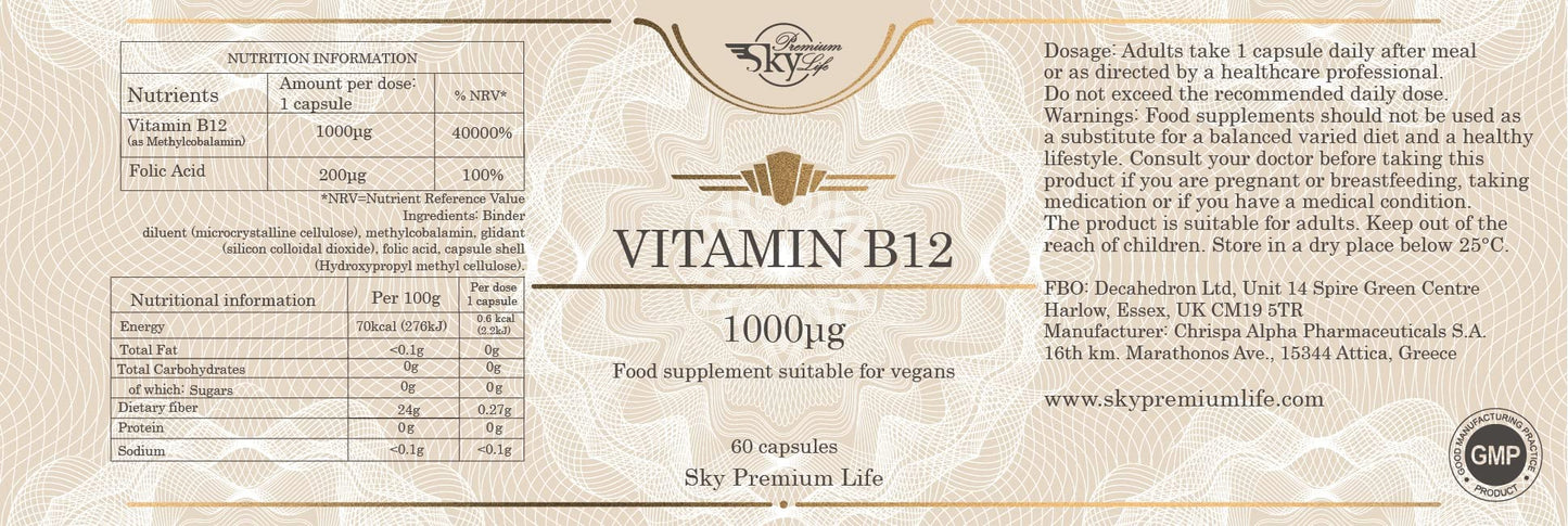 Sky Premium Life Vitamin B12 Food Supplement - 120 Capsules Vitamin B12 1000μg and Folic Acid - Vegan Friendly